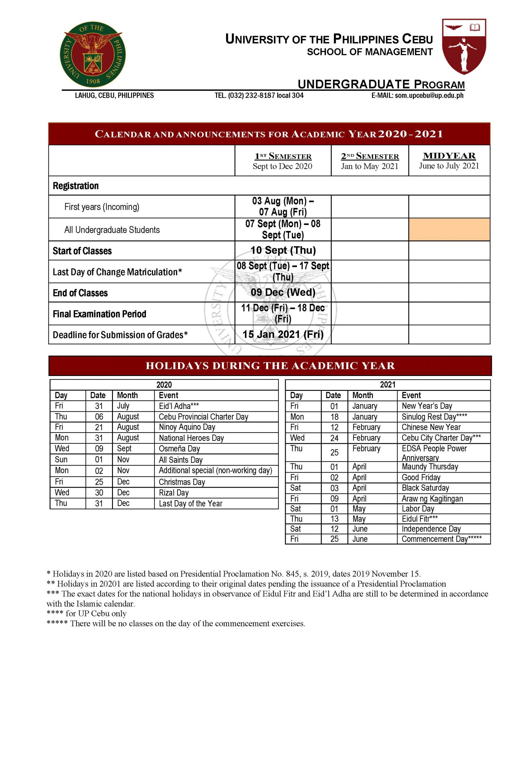 Approved Academic Calendar for 20202021 University of the