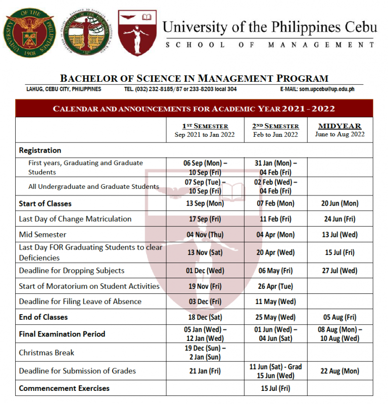 BSM Academic Calendar University of the Philippines Cebu School of