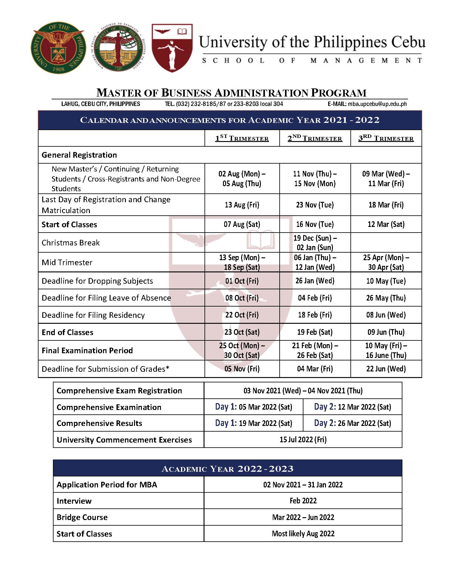 MBA Academic Calendar University of the Philippines Cebu School of