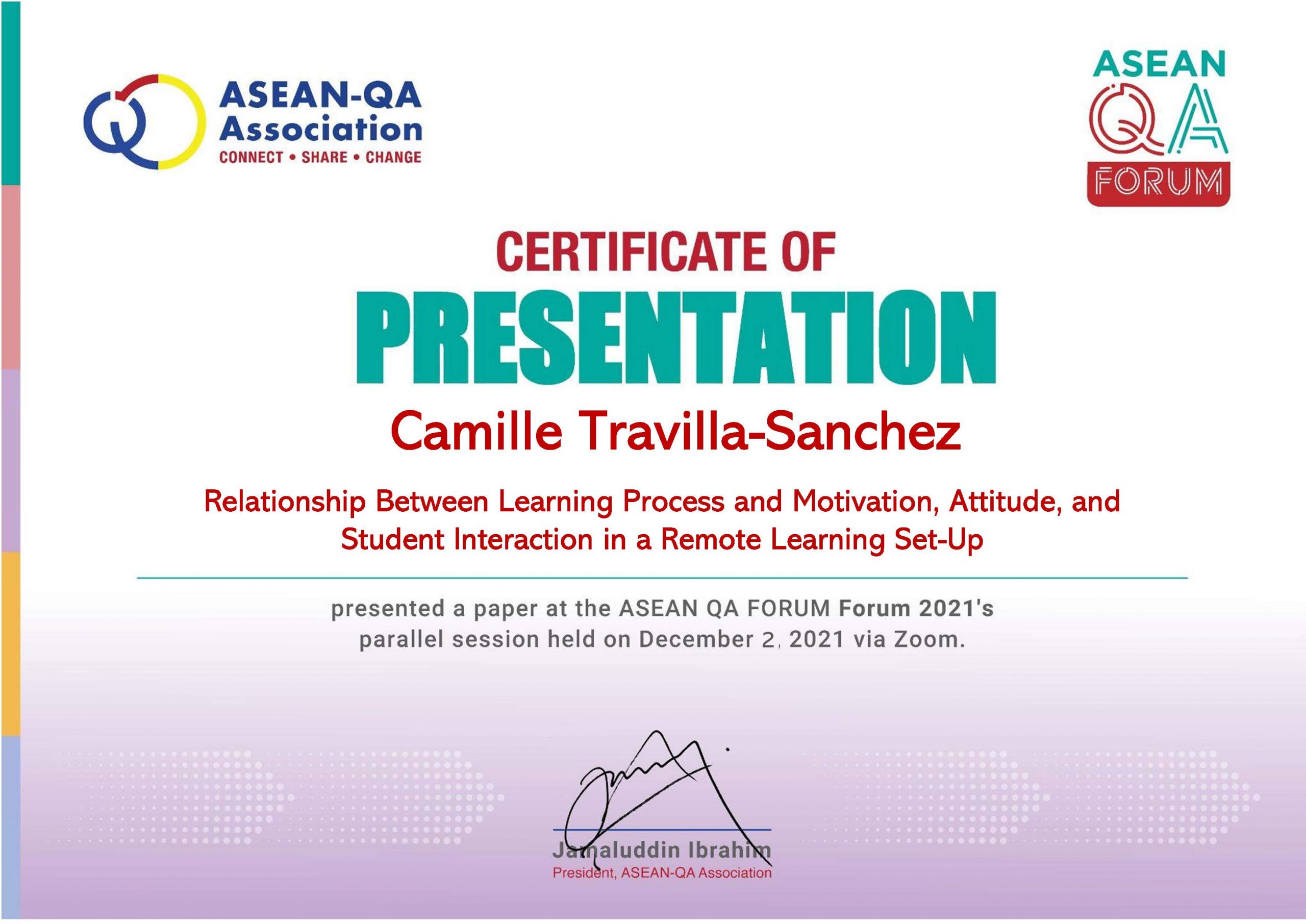 MBA student Ms. Travilla-Sanchez presents her research paper at the ASEAN Quality Assurance Forum