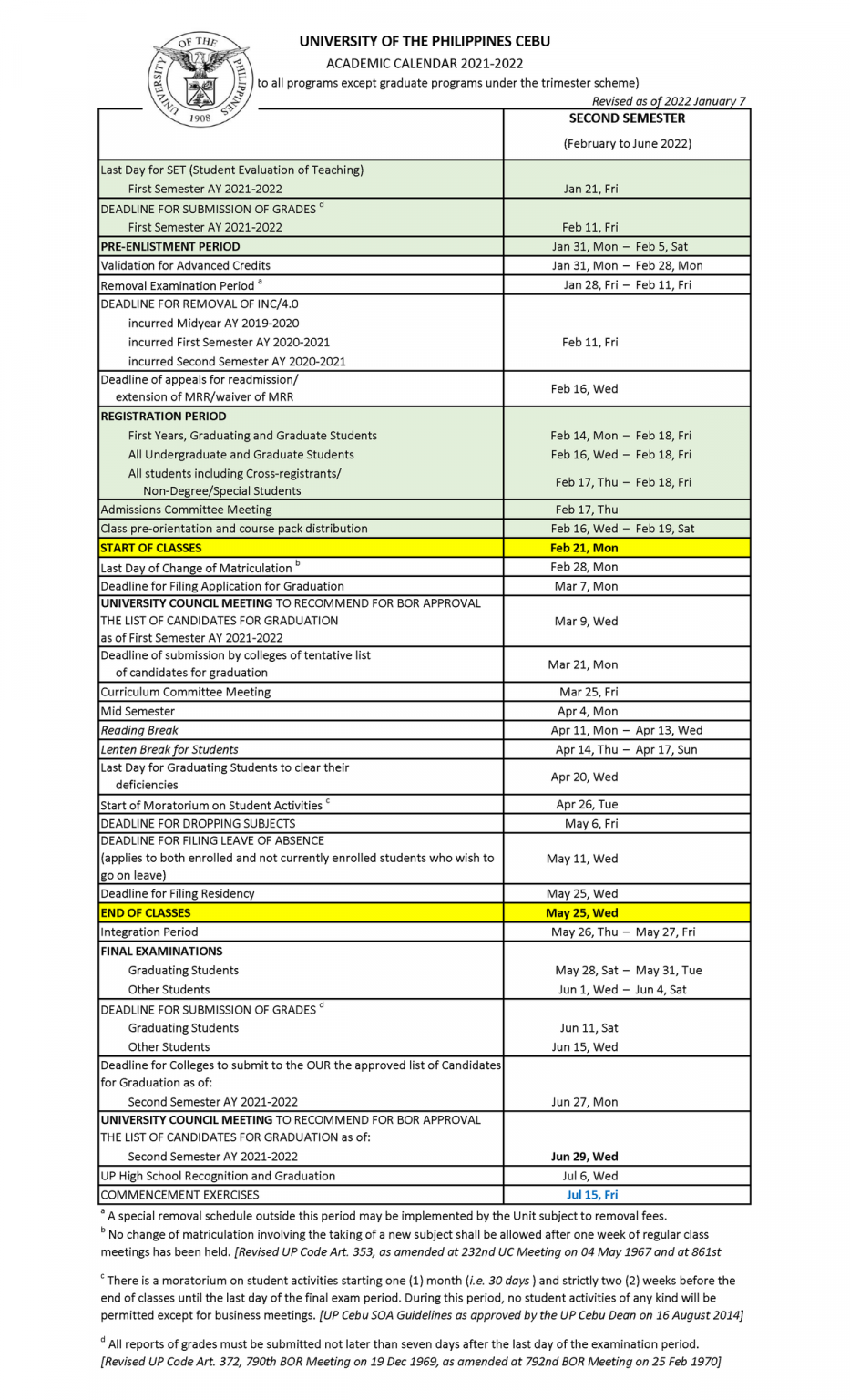 BSM Academic Calendar University of the Philippines Cebu School of