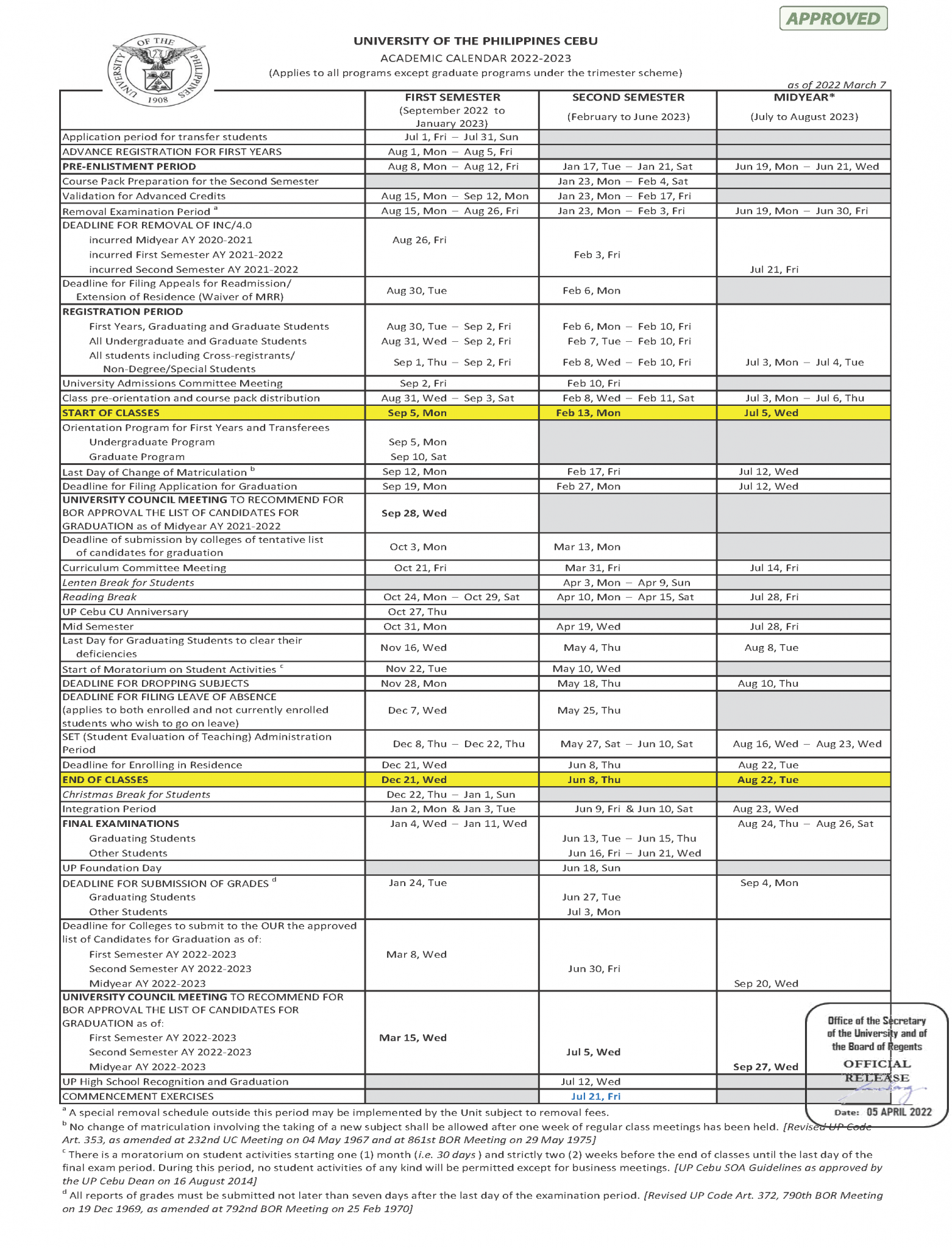 BSM Academic Calendar University of the Philippines Cebu School of